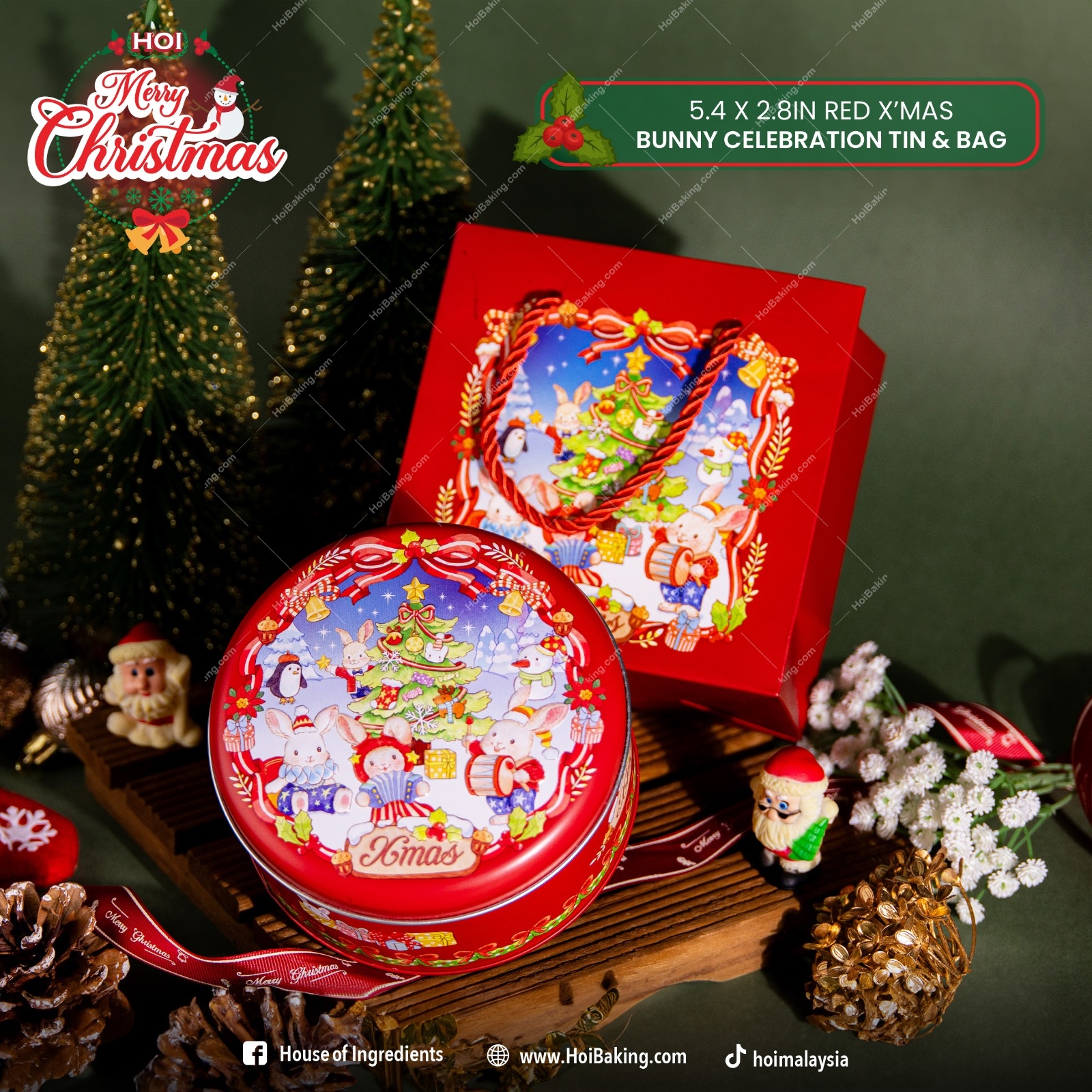 5.4X2.8IN Red XMAS Bunny Celebration Tin & Bag (2) 5.4X2.8IN Red XMAS Bunny Celebration Tin & Bag - Image 1